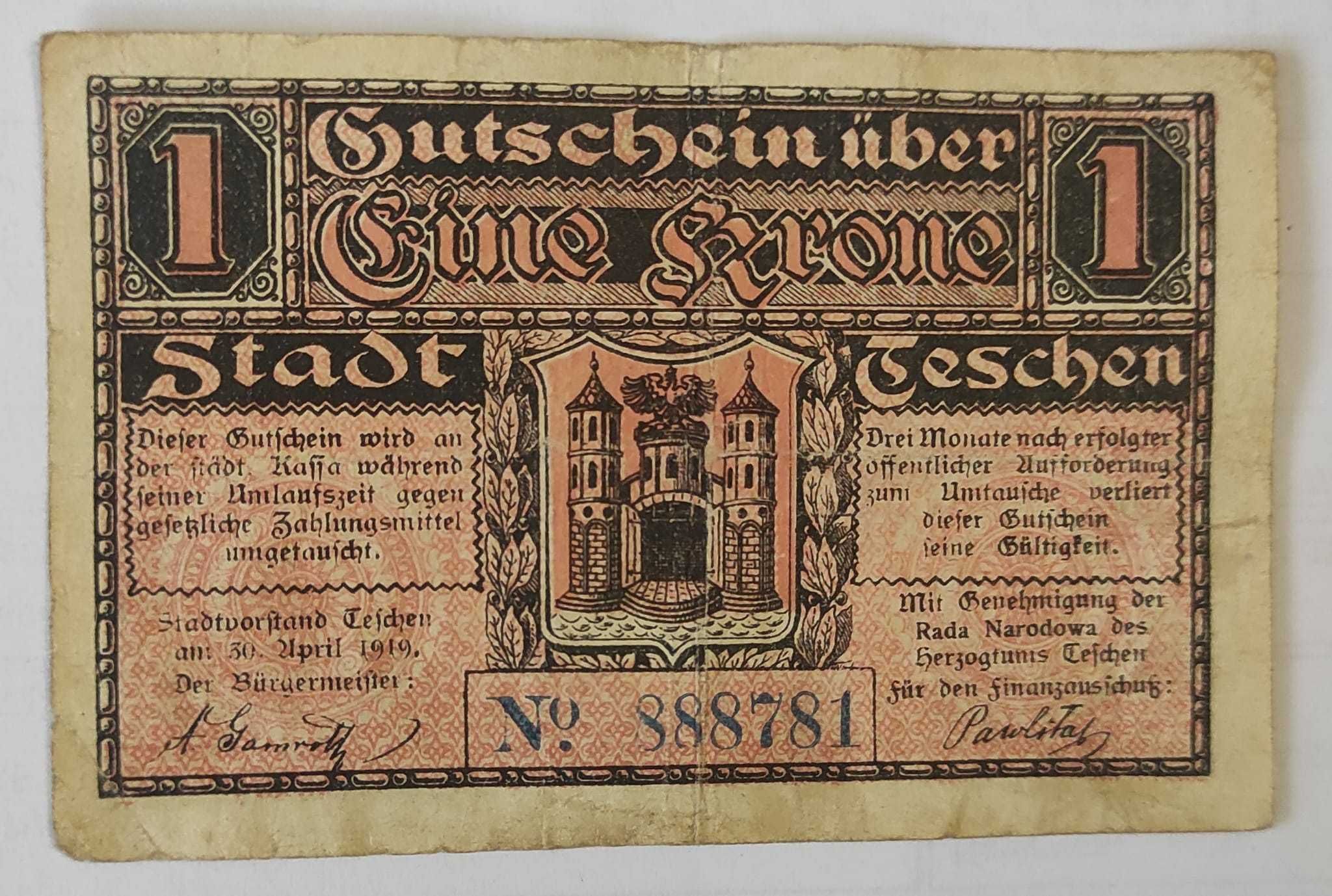 1 korona notgeld, asygnata kasowa Cieszyn 1919 seria 888781