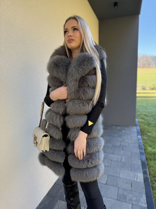 Kamizelka kołnierz z lisa szara 2 w 1 futro naturalne nowa rzędowa m