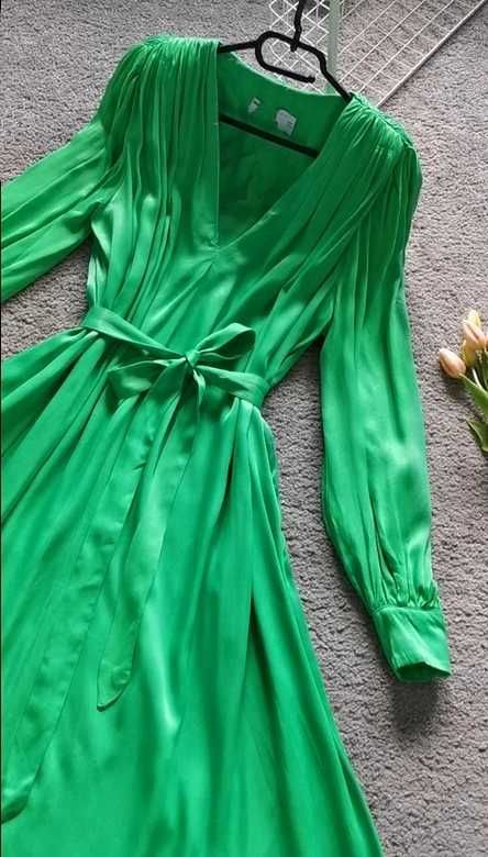 Asos Zielona Sukienka Satynowa Wiązana Elegancka Boho Retro Vintage