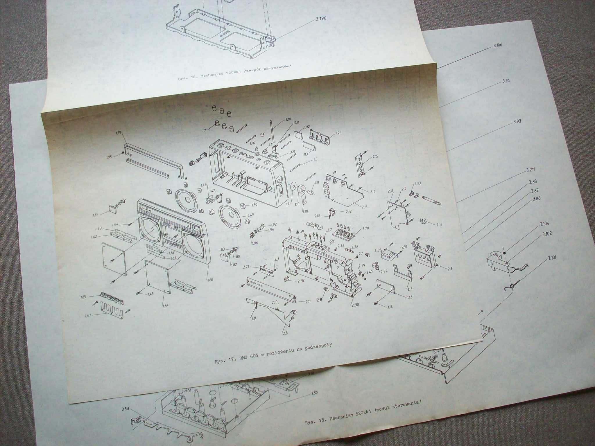 Instrukcja serwisowa radiomagnetofon RMS 404, Unitra ZRK Kasprzak.