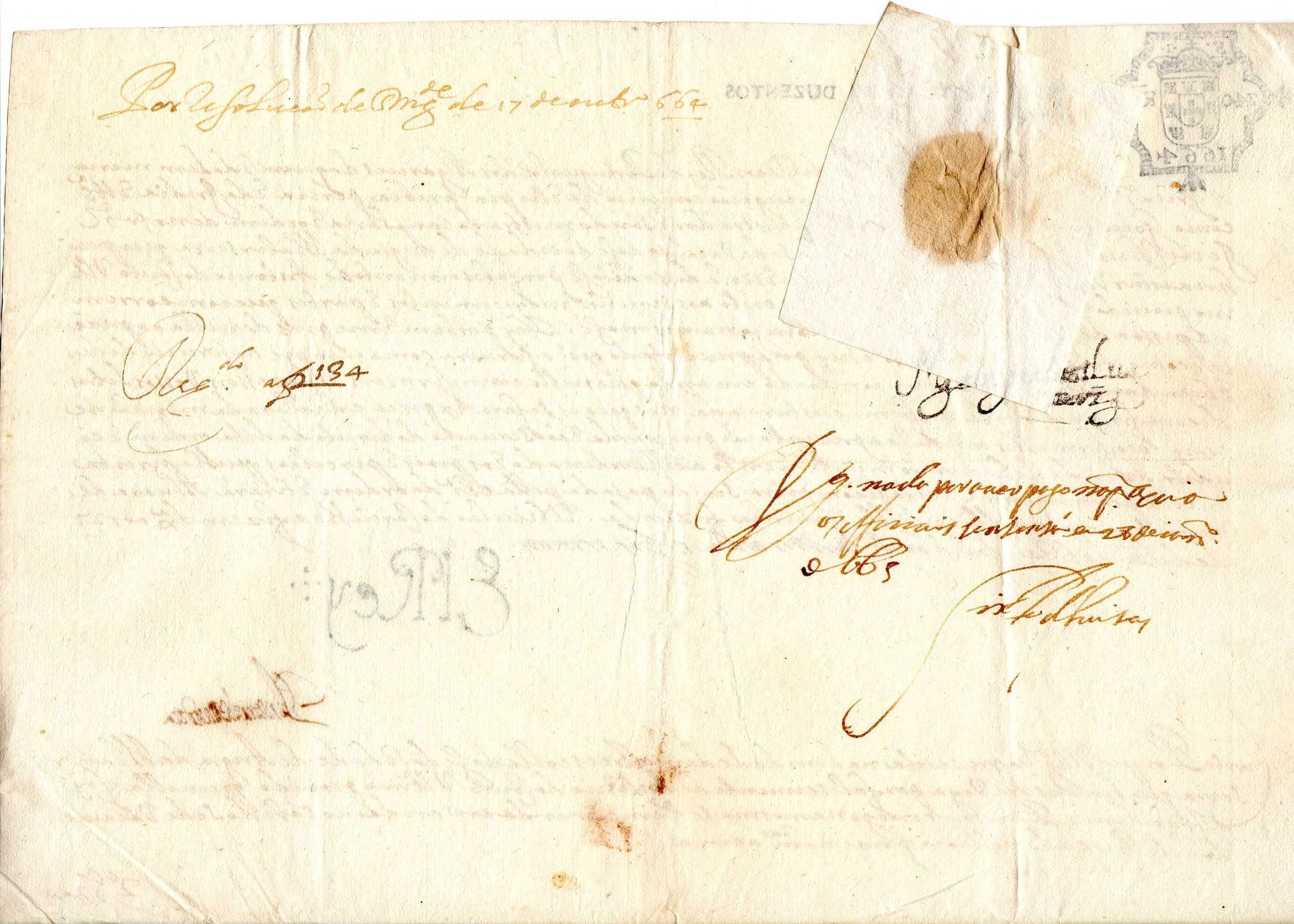 RARÍSSIMA Carta Régia de D. Afonso VI - Papel Selado de 240 réis, 1664