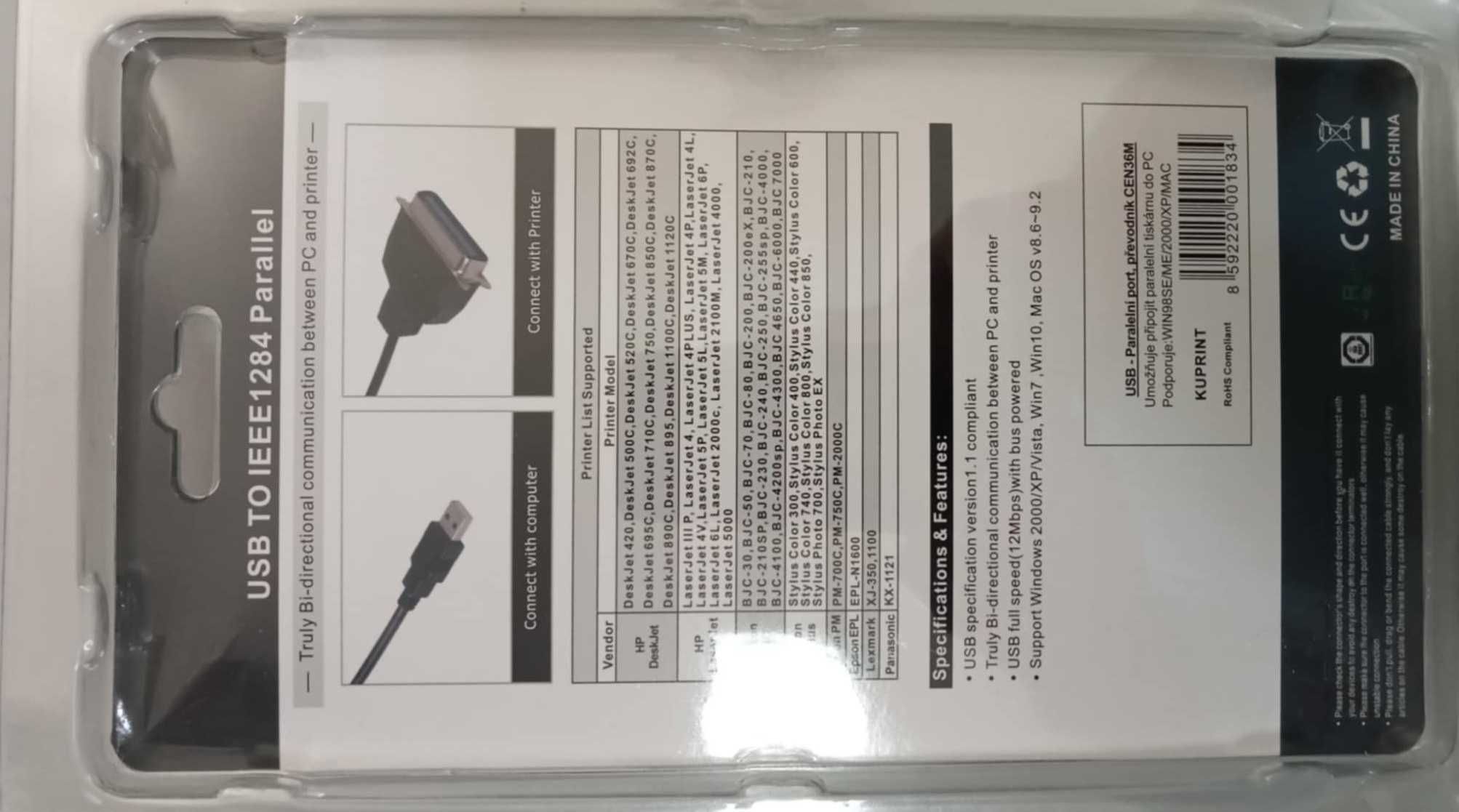 Cabo impressão USB-Paralelo (USB to IEEE1284 Parallel), 12 Mbps, 1,5m
