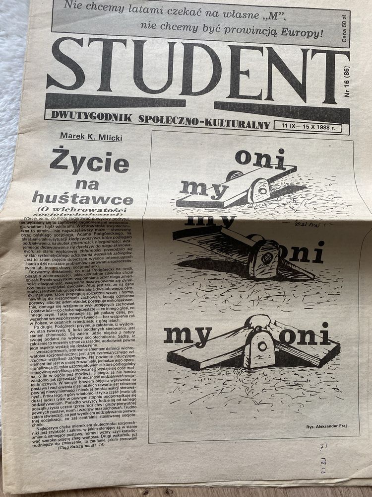 Student dwutygodnik społeczno kulturalny X 1988 nr 16