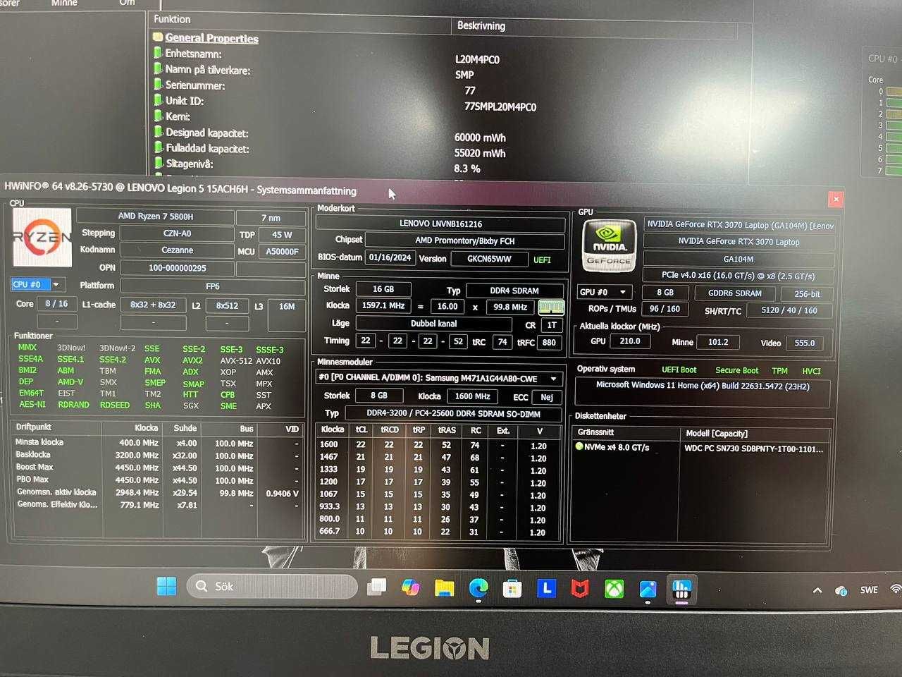Ноутбук Lenovo legion 5 IPSFHD165Hz/R7-5800H/RTX3070/16DDR4/1TBSSD