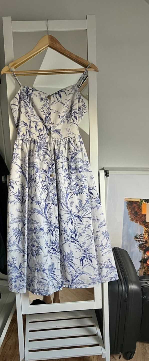 H&M biala w niebieskie kwiaty lniana sukienka na lato r.44