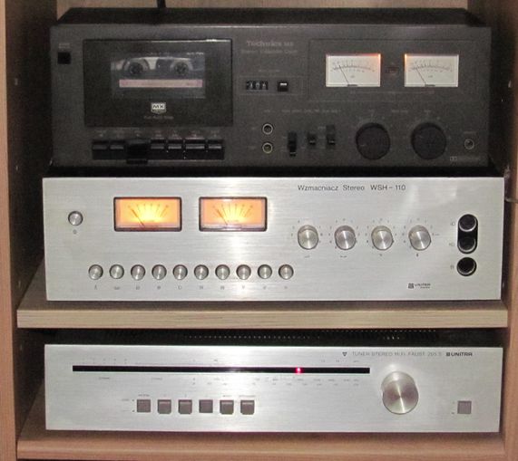 Wzmacniacz Wsh-110, tuner Faust, magnetofon Technics m5 kolumny,