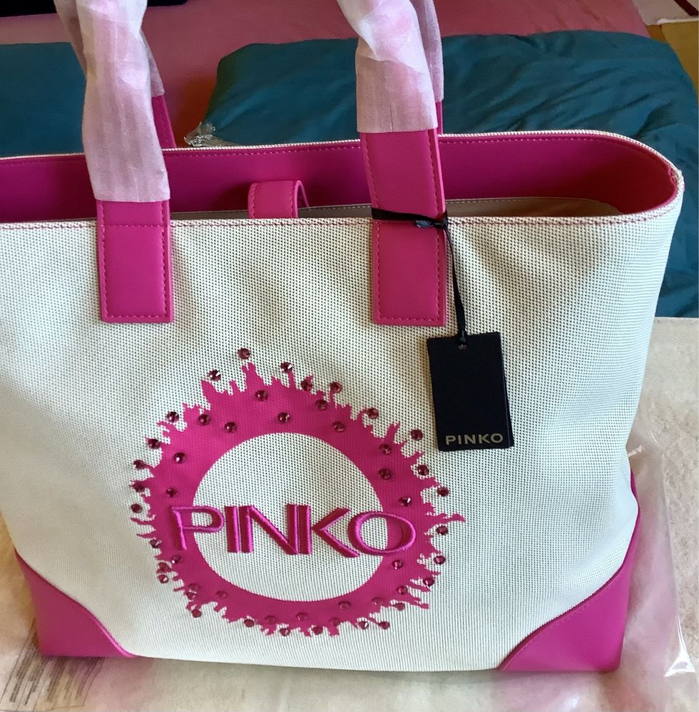 Torebka shopper Pinko,  len/tworzywo, sliczny pink, ozdobne logo