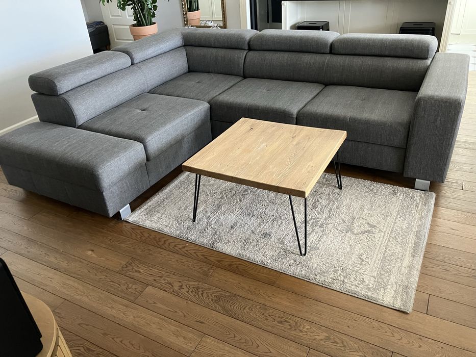 Sofa narożna 262 cm x 212 cm rozkladana z szezlągiem i schowkiem szara