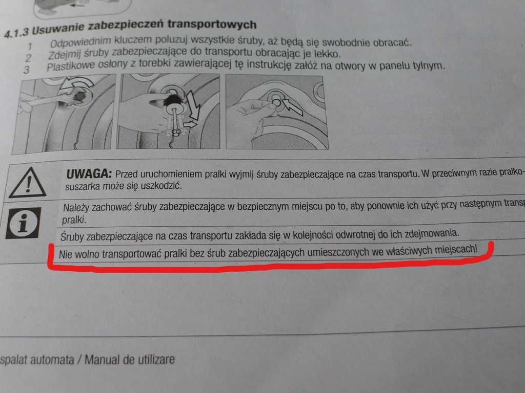Śruby transportowe, zabezpieczające do pralki