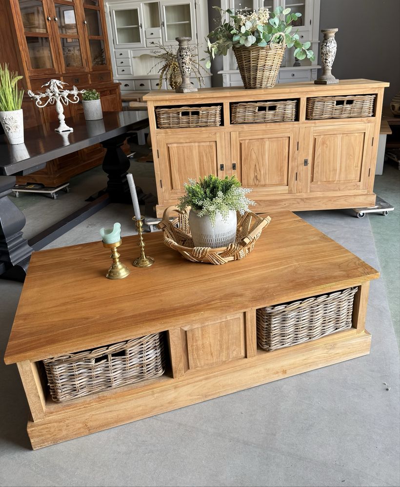 Stolik ława drewniany rustykalny farmhouse rattan wiklina NA TARAS