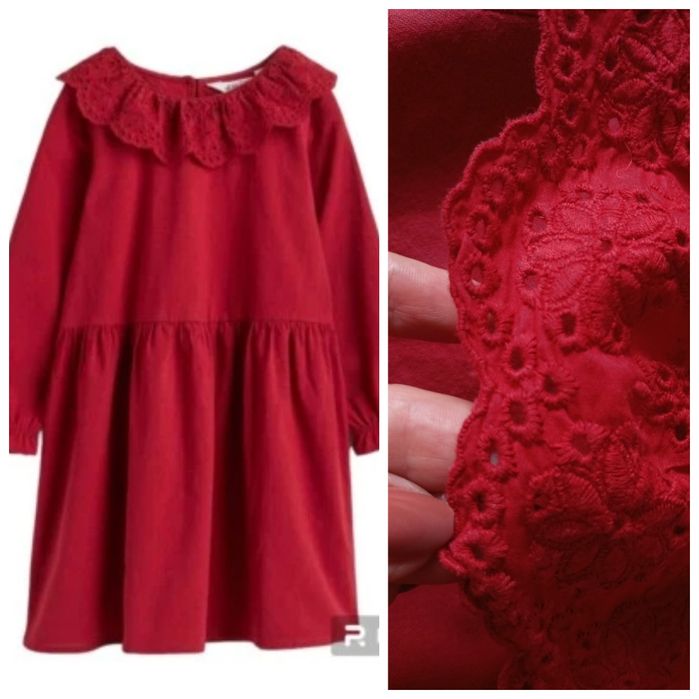 H&M 4-6L świąteczna bawełniana czerwona sukienka haftowany kołnierz