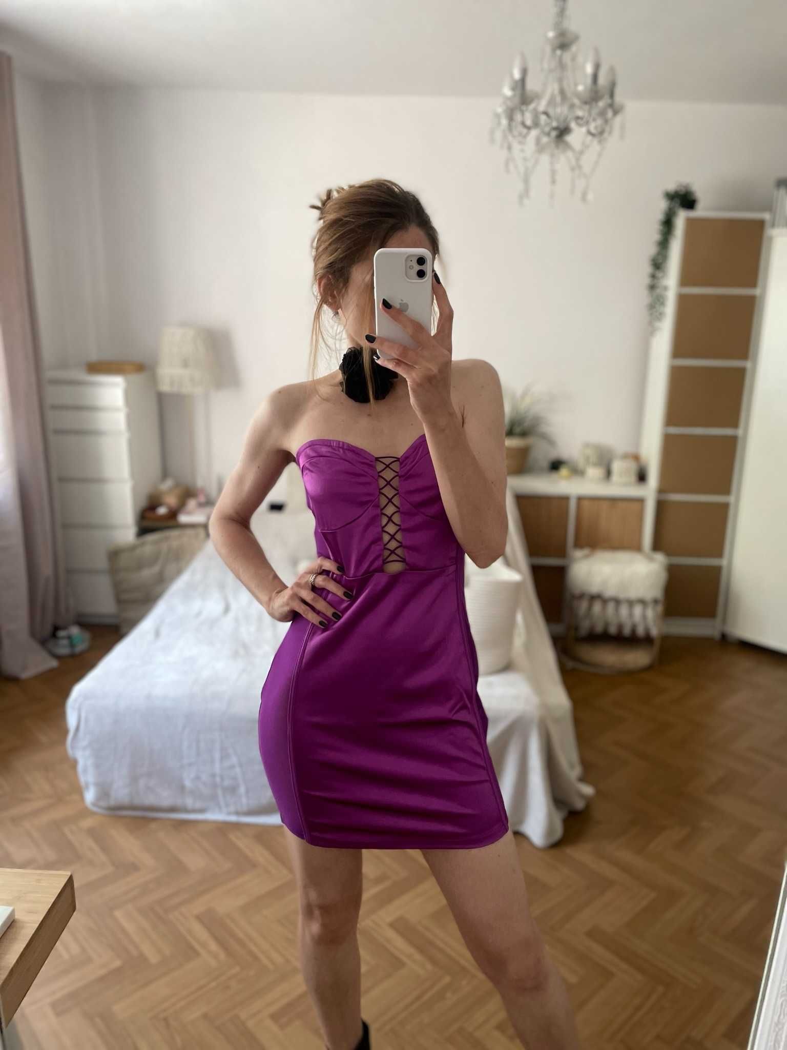 PLT sukienka fioletowa ołówkowa siateczka połysk mini y2k M 38 L 40