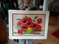 Obraz ręcznie malowany "Bukiet kwiatów MAKI" w ramie ecru 65x49