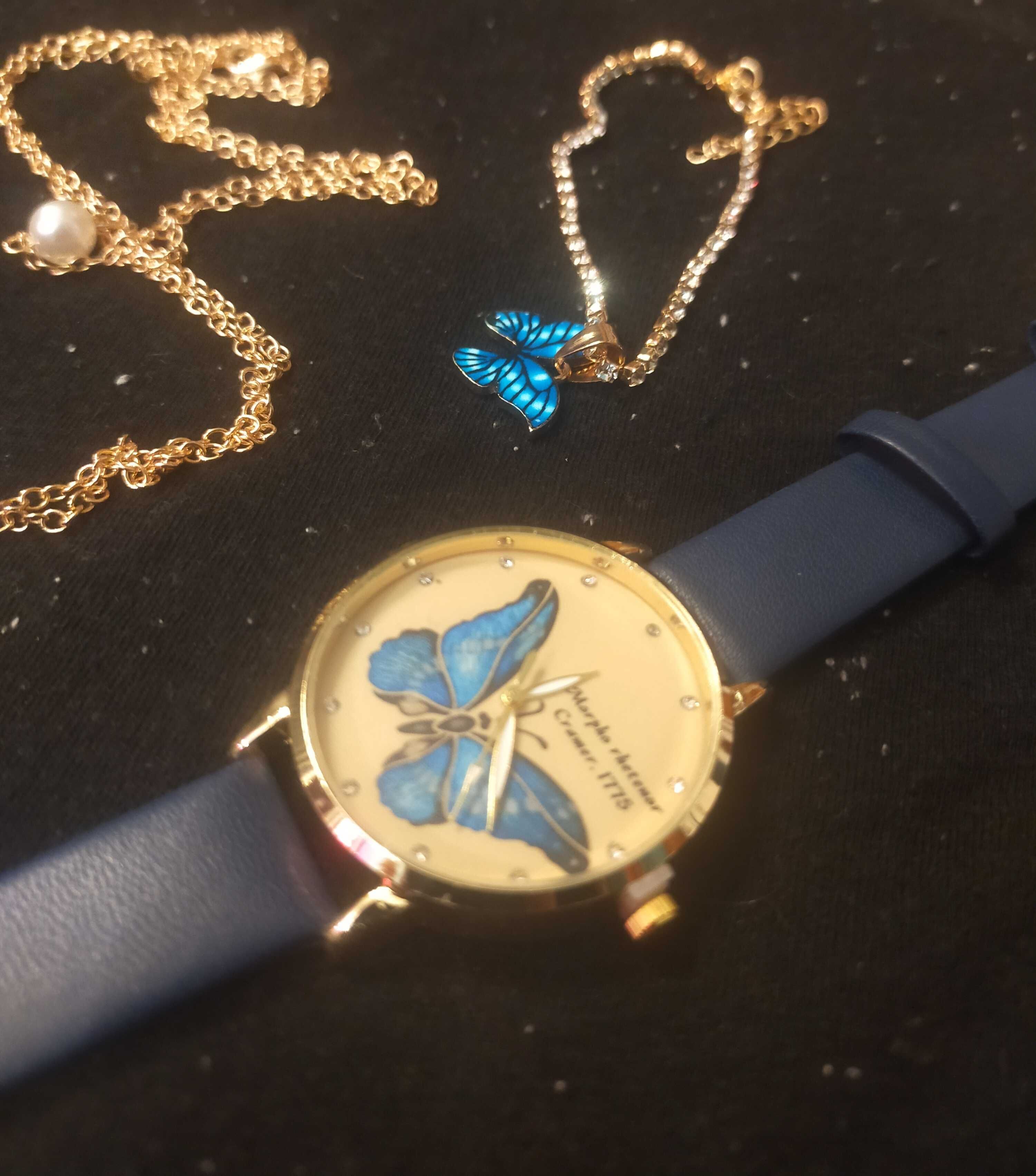 Zestaw prezentowy Złoto niebieski zegarek damski kwarcowy + biżuteria