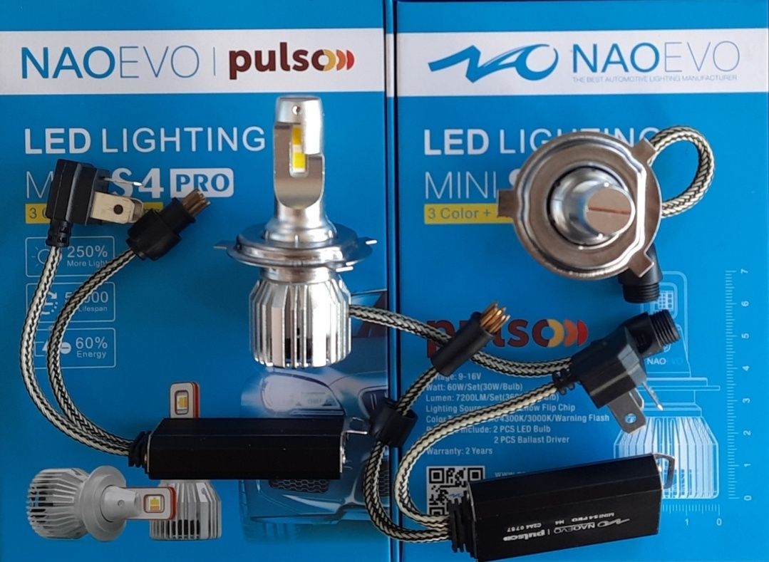 КОМПЛЕКТ: LED-лампы NAOEVO S4 H4 H7 H1 H27 3000K/4300K/6500K