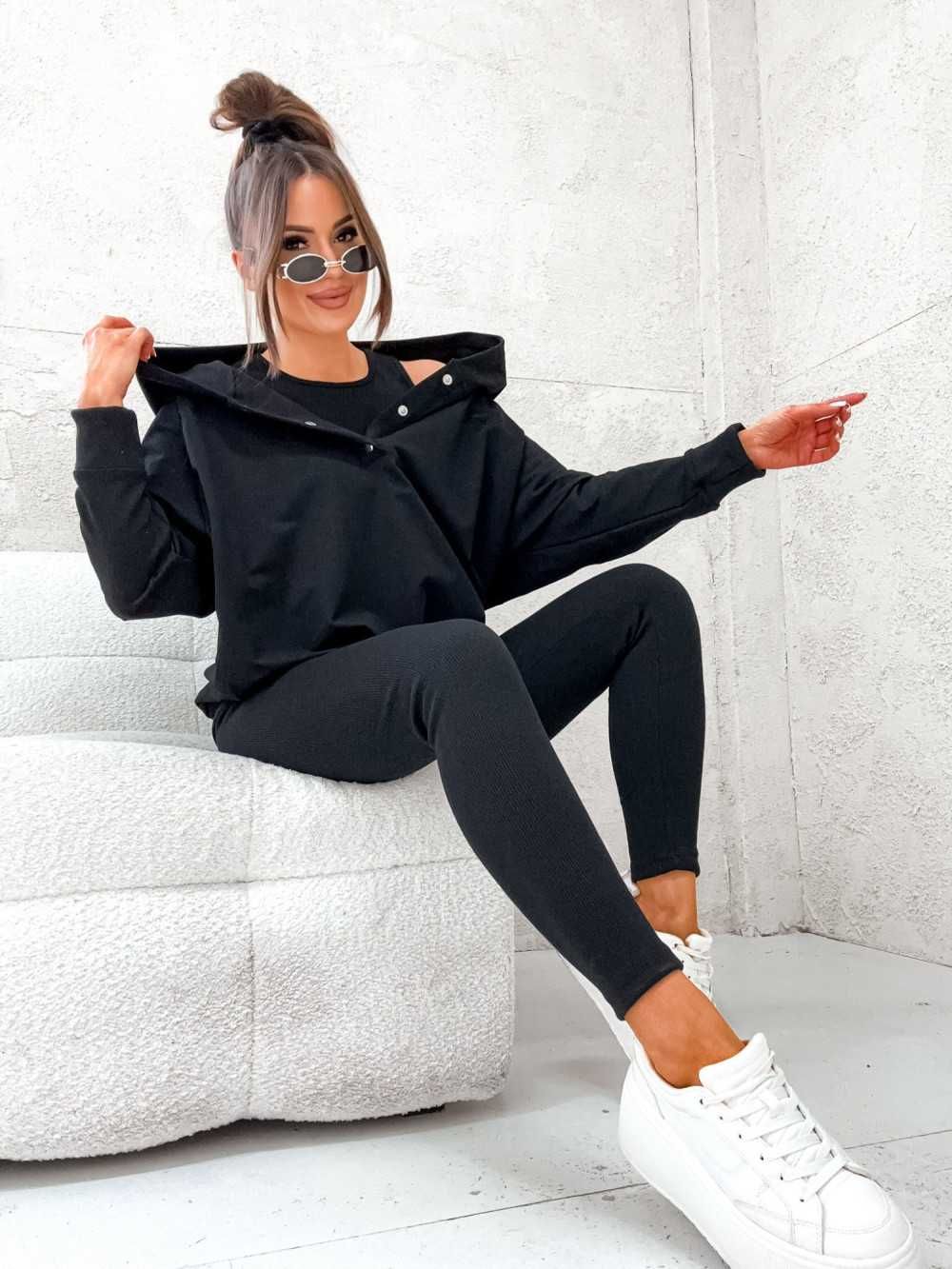 Komplet 3 częściowy dresowy damski czarny legginsy + bluza + top UNI