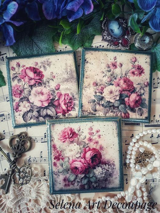 Dekoracyjne podstawki z różami  Prowansja vintage farmhouse shabby c