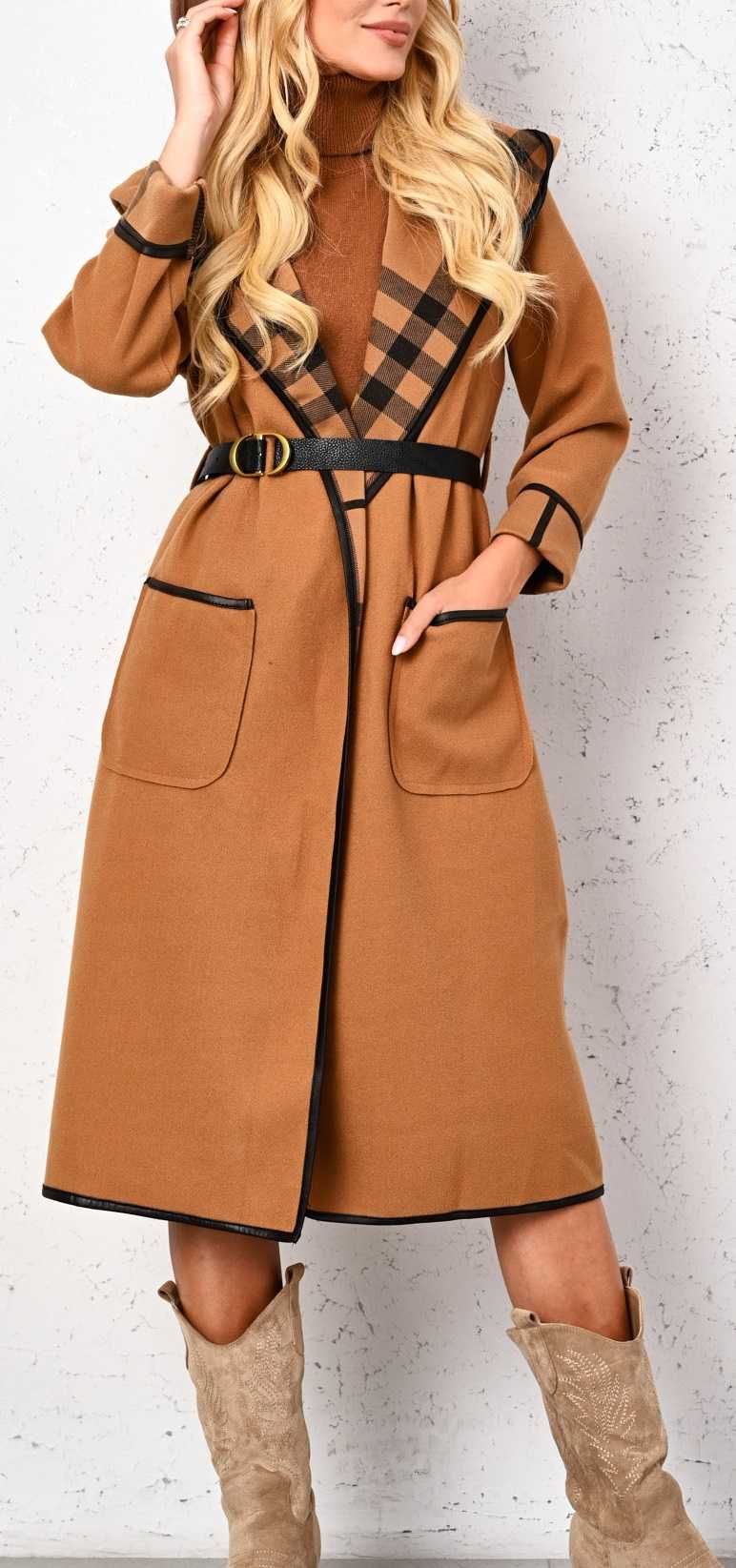 Płaszcz z podszewką we wzory/ w kratę z paskiem camel uni - HIT !
