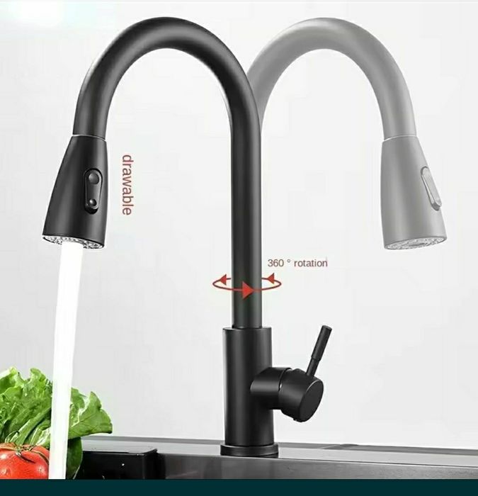 Czarna bateria kuchenna z wysuwaną końcówką wylewką