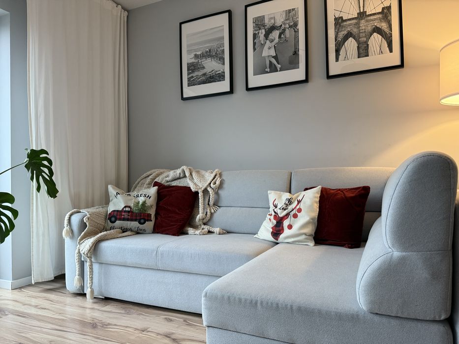 Narożnik z funkcją spania, 2 pojemniki, pufa