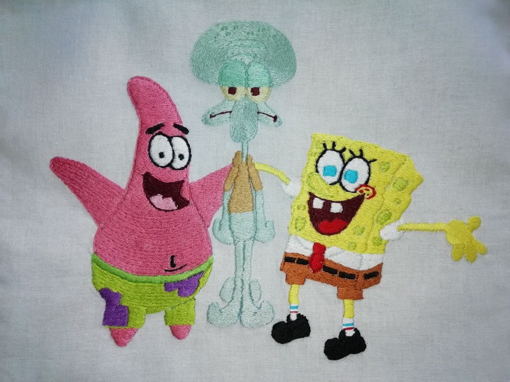 Makatka ręcznie haftowana obraz Spongebob Patryk i Skalmar 23x29 cm