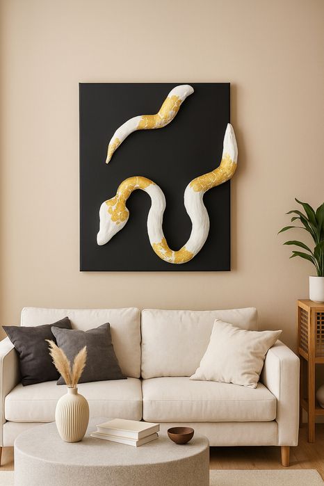 Obraz 3D na płótnie gipsowy ręcznie wykonany zloty pyton królewski