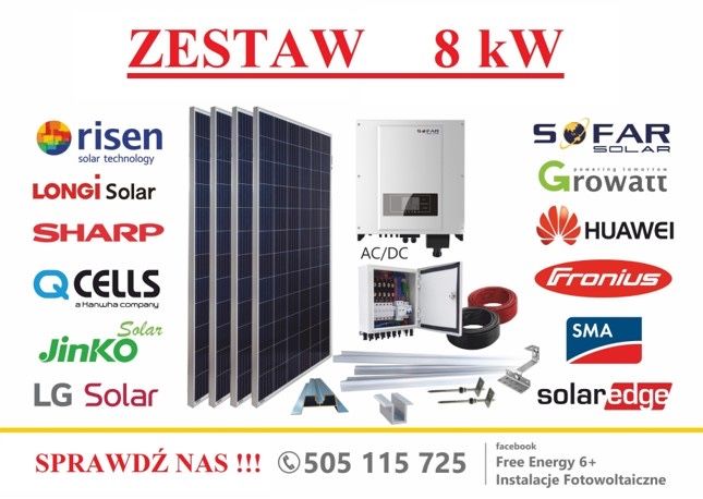 Fotowoltaika zestaw 8kW z montażem Huawei, Sharp Ja Solar Longi
