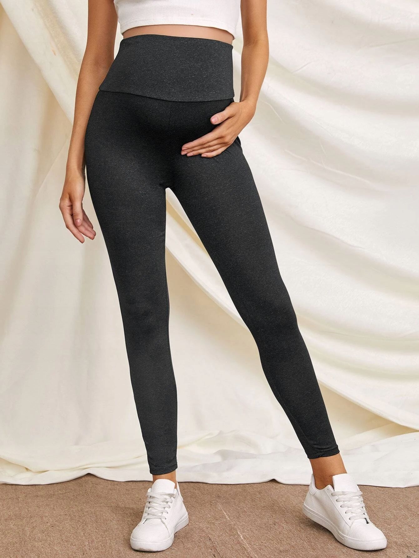 Shein Legginsy Ciążowe Z Wysokim Stanem Szare L 40