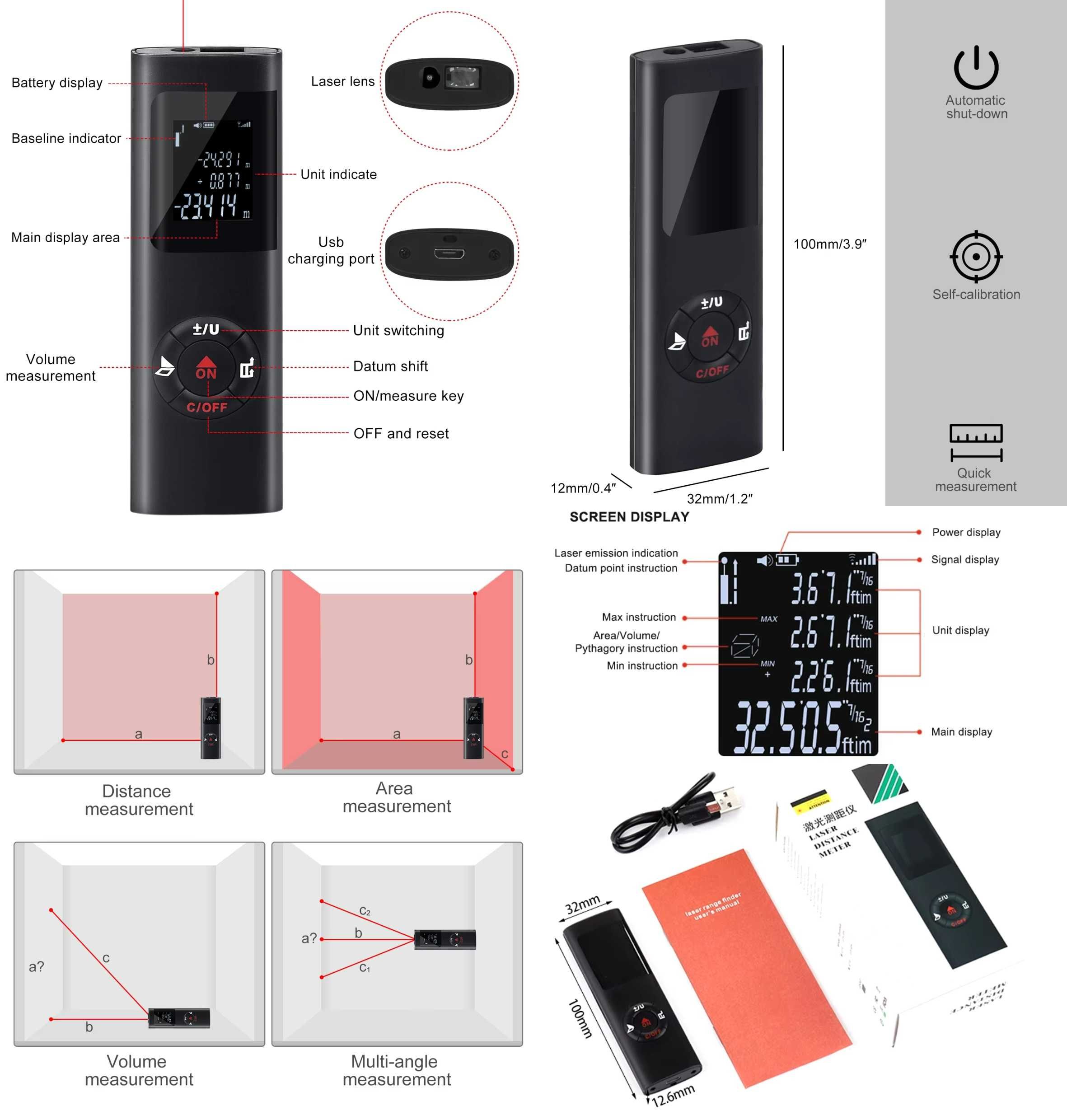 Мини лазерная рулетка дальномер угломер  50/60/80/100/120 м Li-Ion USB