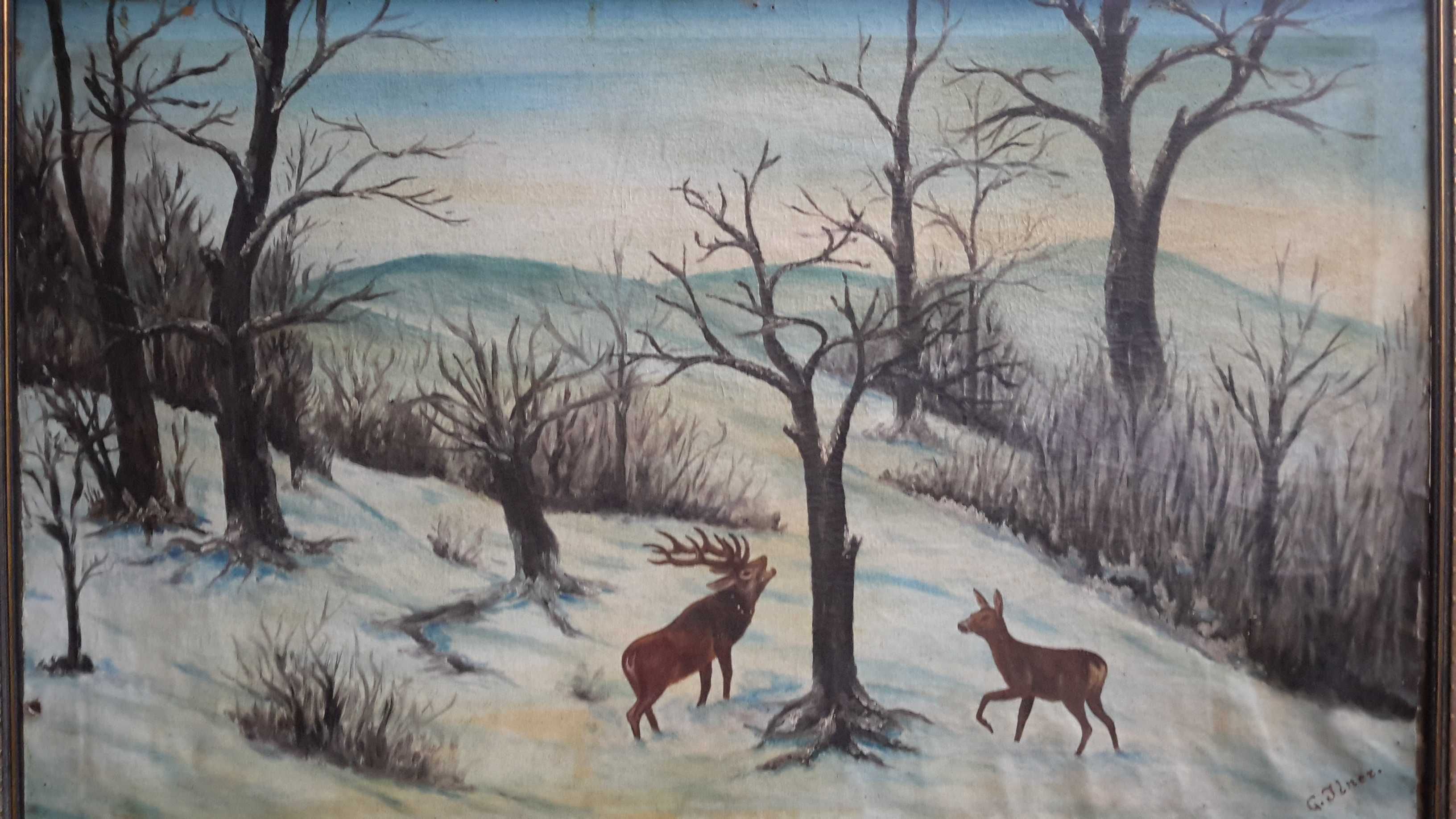 Obraz olejny Jelenie w zimie 57 x 94 cm, sygnowany.