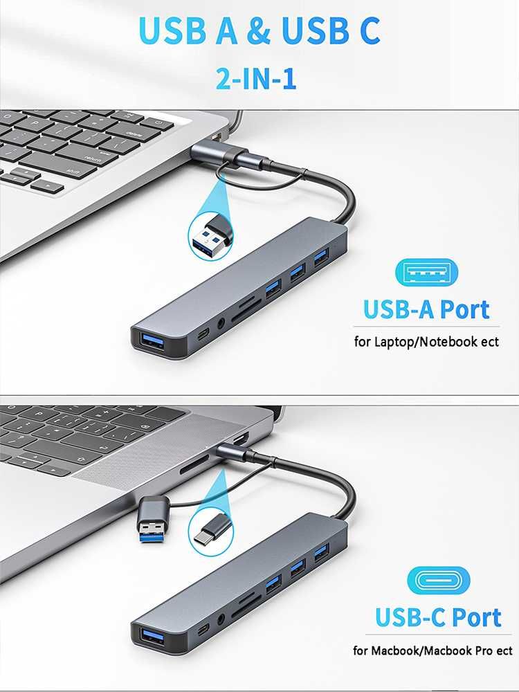 Aluminiowy rozdzielacz USB 8 w 1