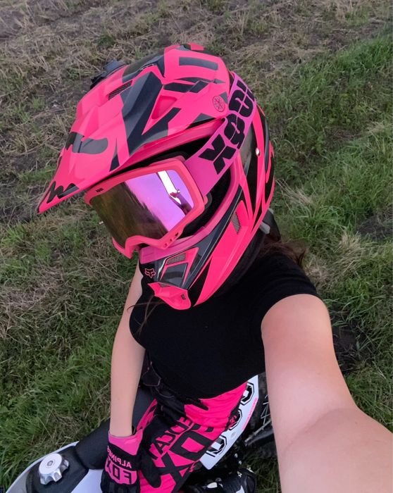 Kask FOX rozowy race pink + gogle 10QX komplet