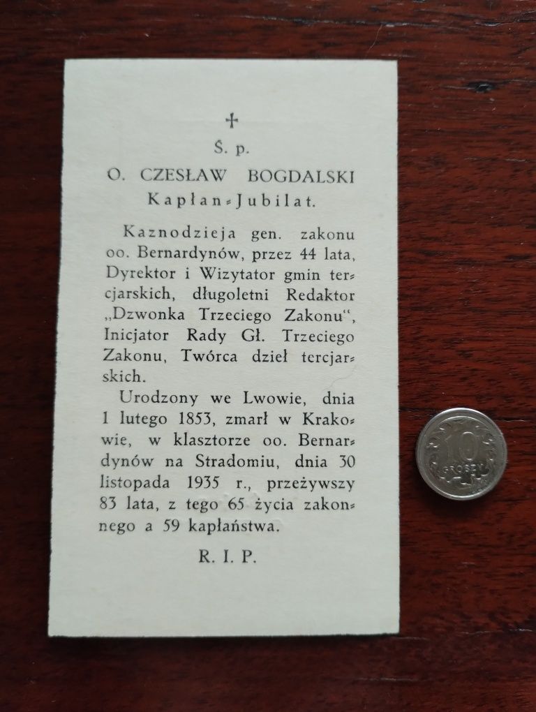 Przedwojenny obrazek O. Czesław Bogdalski bernardyn