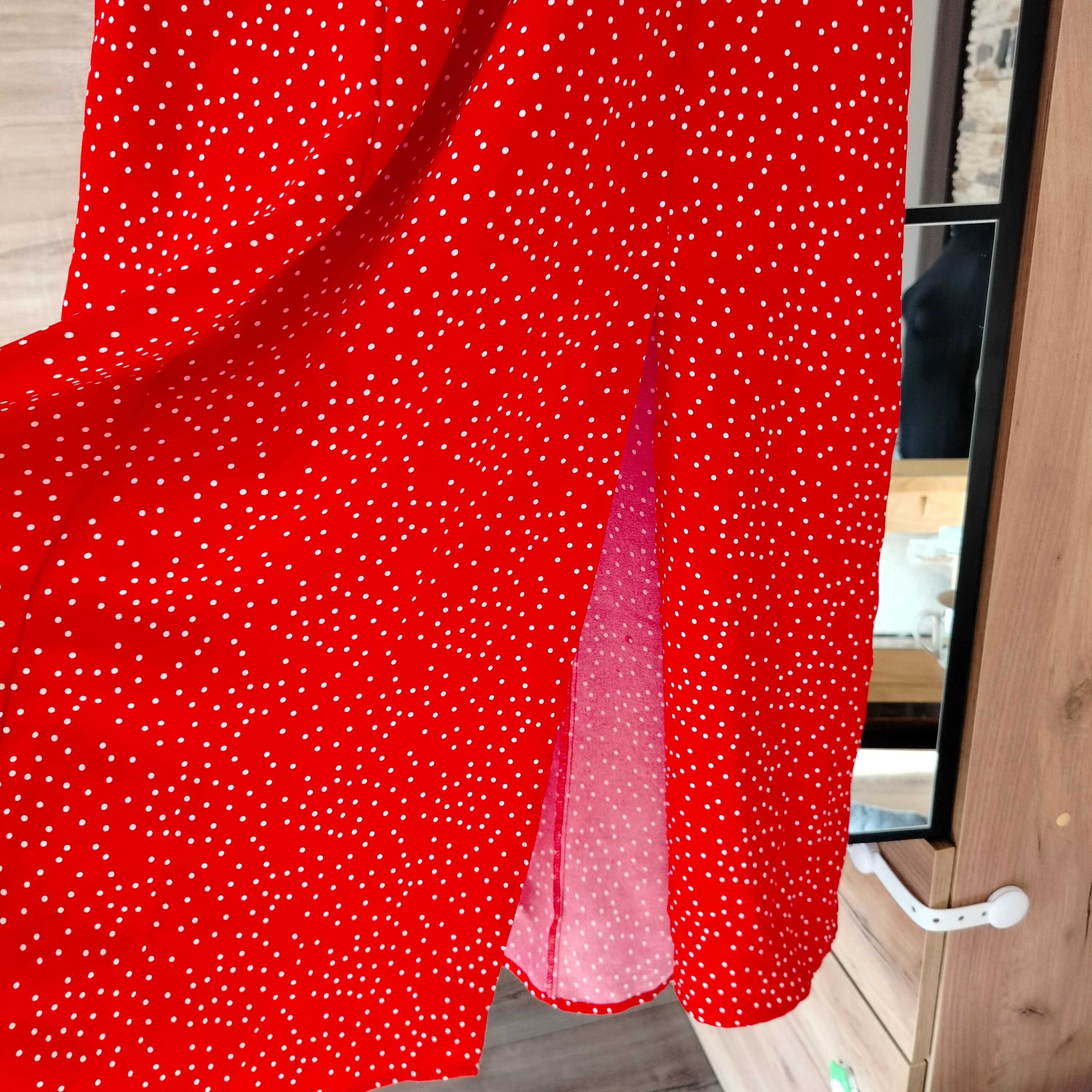 Damska długa sukienka czerwona w białe kropki grochy L 40