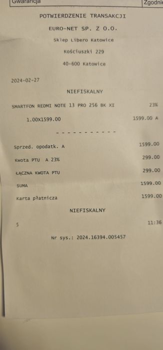 Redmi Note 13 pro 8/256 GB - Gwarancja do 27.02.2026