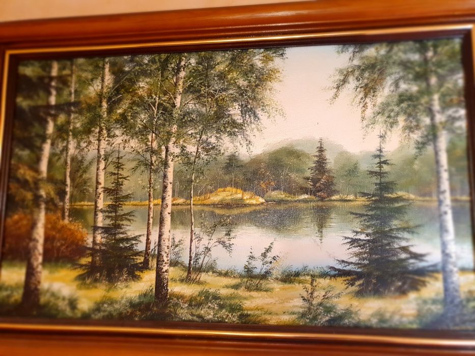 Картина маслом Березовая роща у озера худ. Шабельная 88х56 см, пейзаж