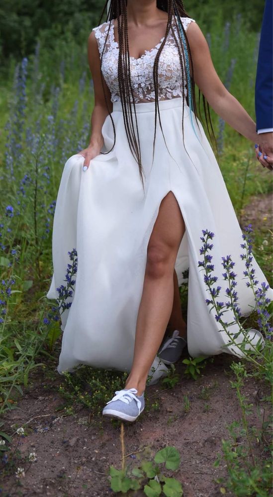 Suknia ślubna BOHO rozm. 34 XS, na 160 cm, z trenem GRATIS