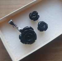 Srebrny komplet kolczyki wisiorek czarne róże