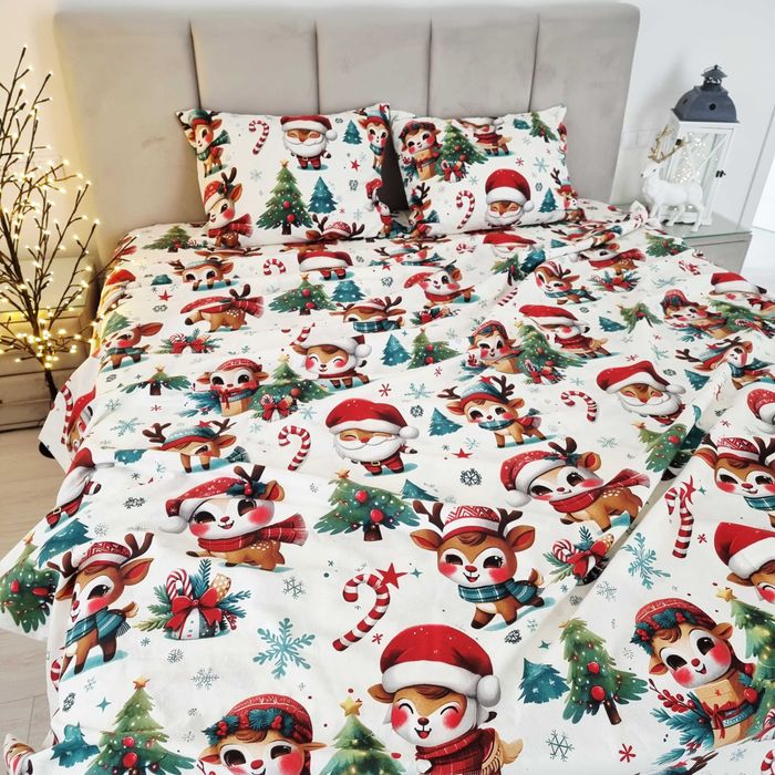 Тепла Новорічна постільна білизна з фланелі. Санта, оленята