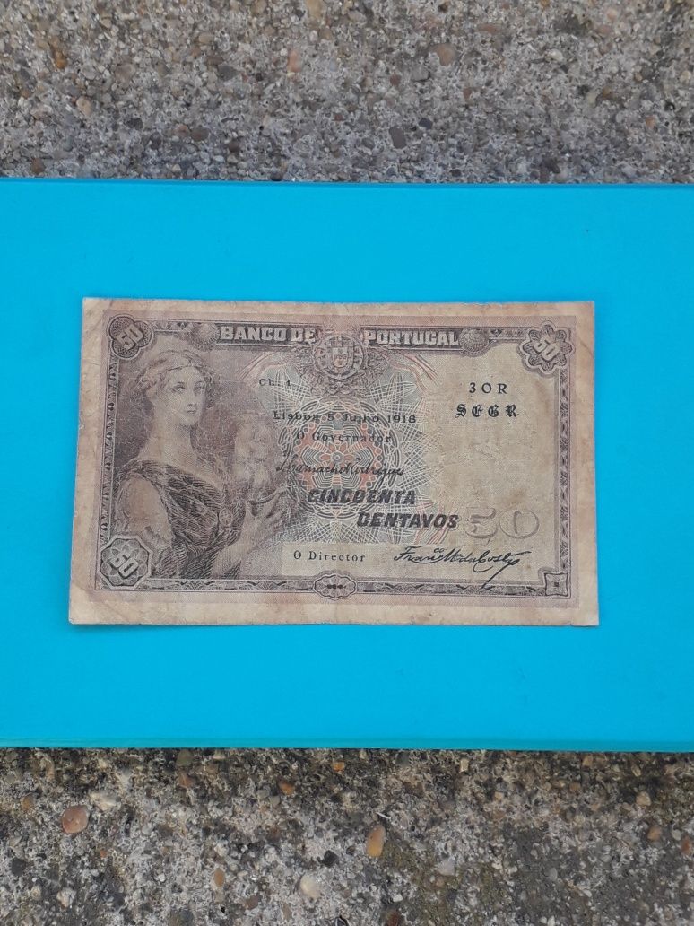 Nota 50 centavos 1918 Mulher com Barco na Mão