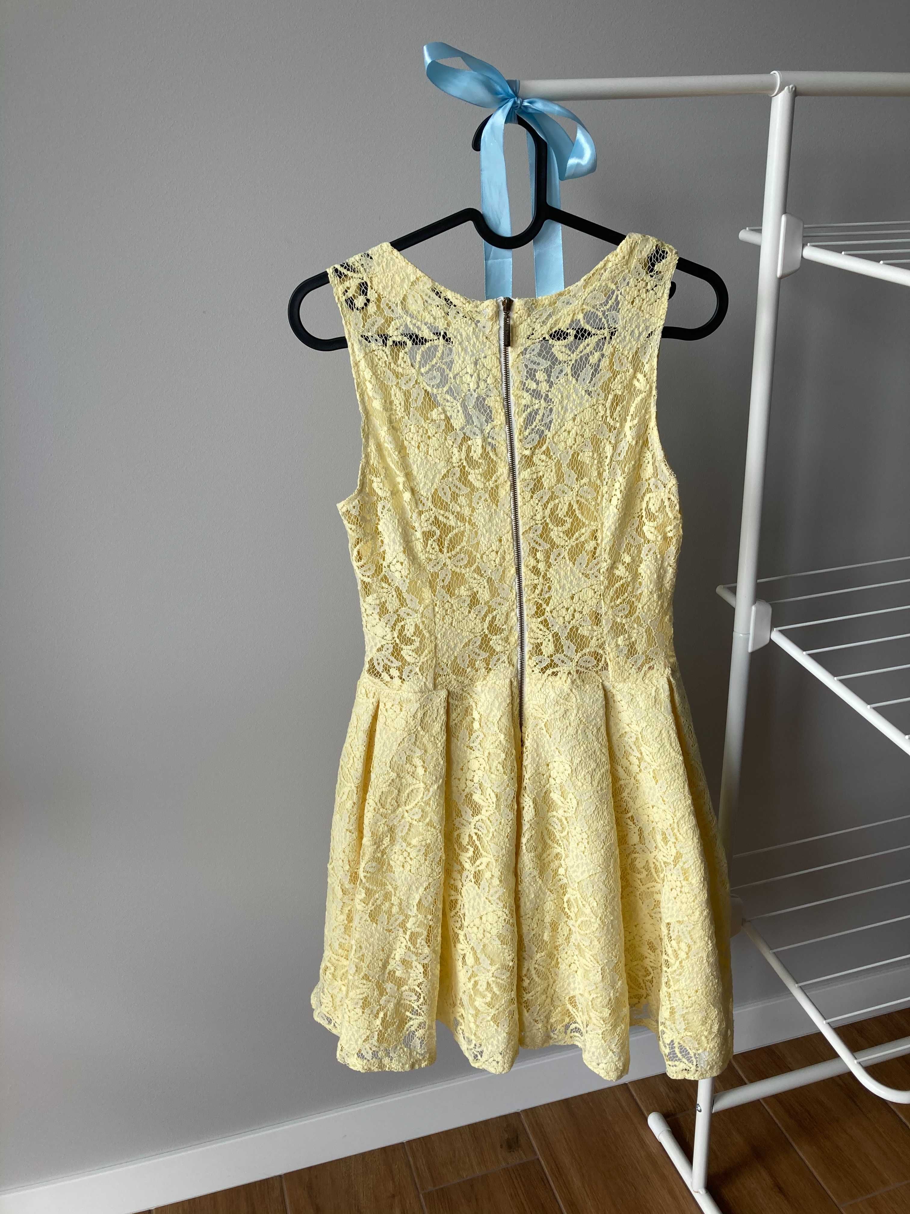 Żółta rozkloszowana sukienka na wesele w koronkę S. Moriss rozm. M 38