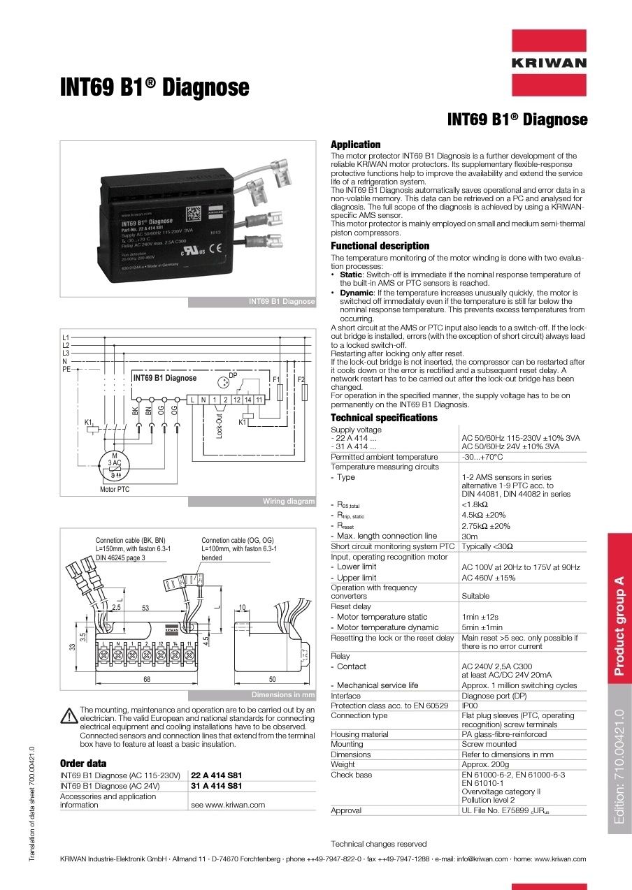 KRIWAN Motor Protector INT69 B1 Motor Protector 22 A 607