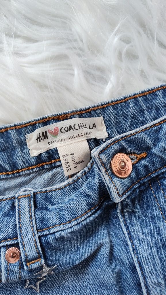 Jeansowe spodenki z wysokim stanem szorty poszarpane Coachella hafty L