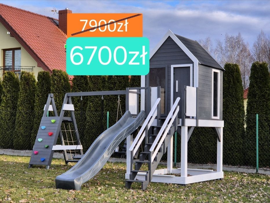 Nowoczesny plac zabaw dla dzieci mała "stodoła" ze ścianką wsp.