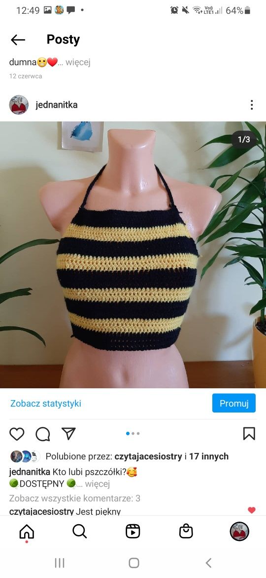 Żółto Czarny top pszczółka na szydełku