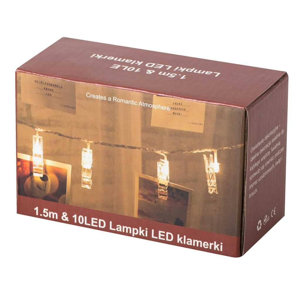 Lampki LED klamerki klipsy spinacze na zdjęcia 1,5m 10LED ciepły biały