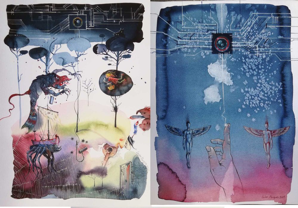 Duas Aguarelas originais de Carlos Marques. Inteligência Artificial