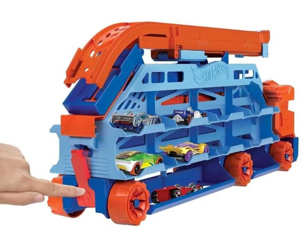 HOT WHEELS Transporter Epicki Zjazd ze Zjeżdżalnią 2w1 + Samochodziki