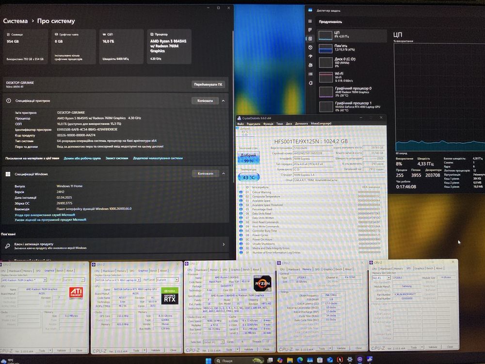 Продам Acer Nitro 14 R5-8645HS/16GB/1TB RTX4060 120Hz QHD