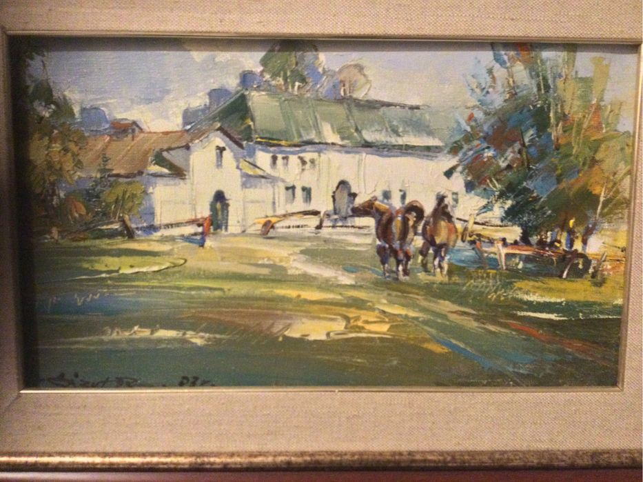 Obraz olejny,R.Lizut,Konie orzed stajnią w Janowie Podlaskim,unikat